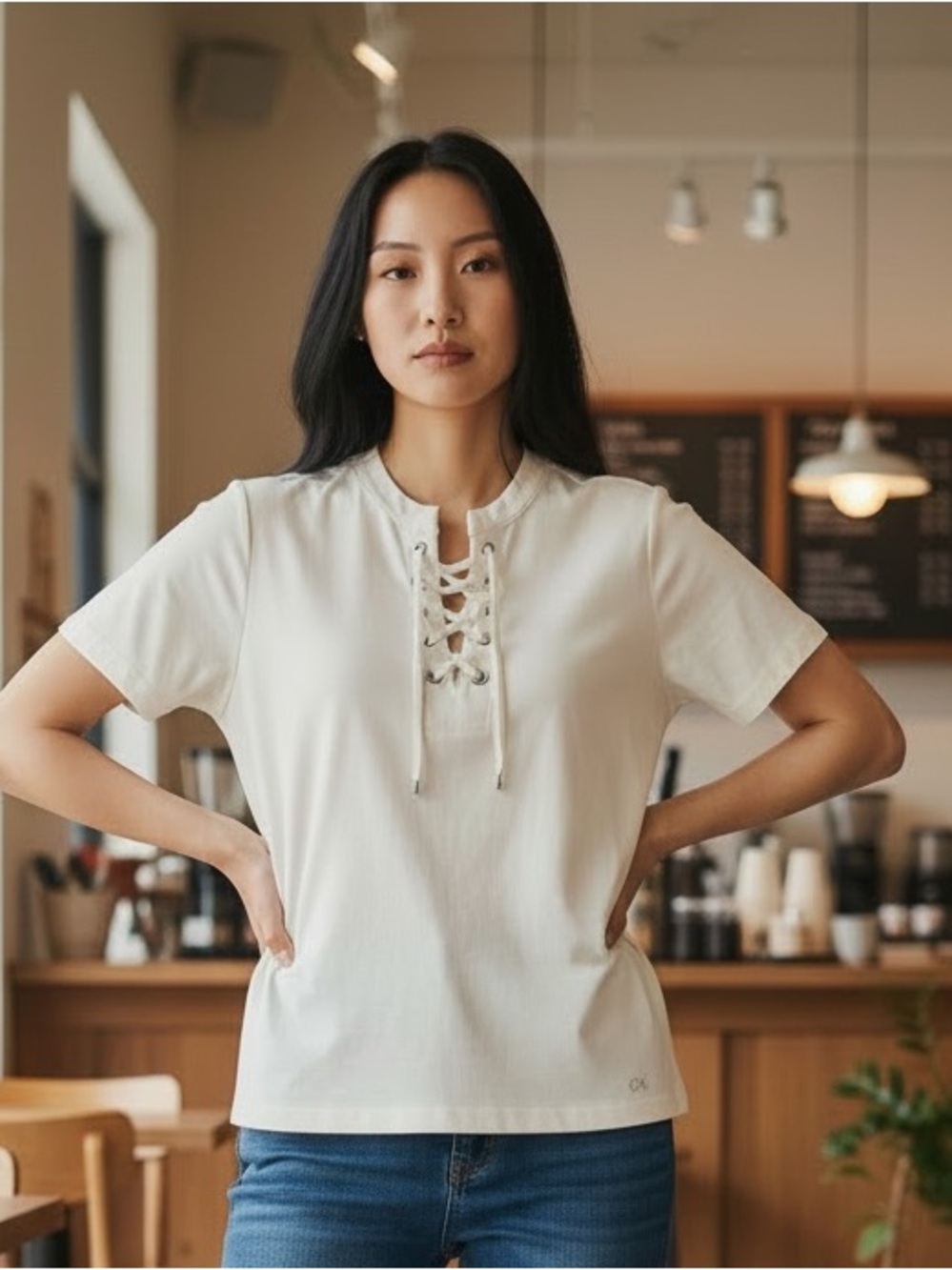Calvin Klein Pure White Lace-Up Short Sleeve Tee with Eyelet Detail